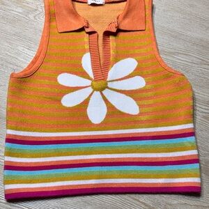 Debut Y2K Striped Daisy Knit Tank Top Small Retro Collared